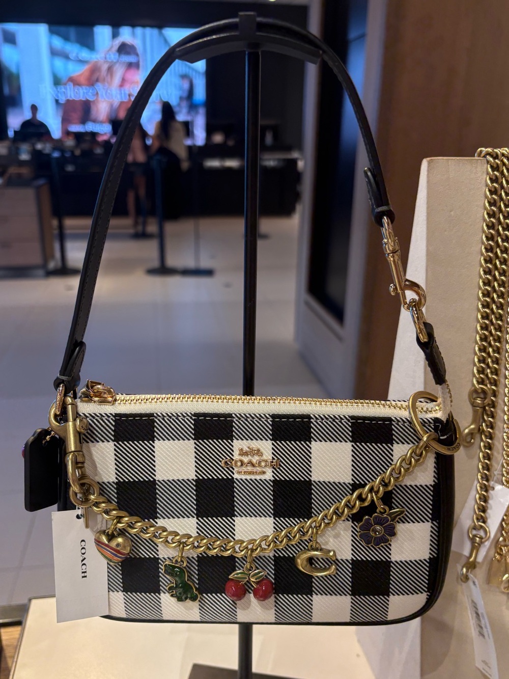 Coach Black & White Buffalo Check Shoulder Bag with Gold Hardware